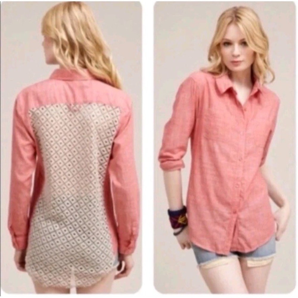 Free People Pink Lace Cut-Out Back Button Down Shirt Size S / M  long Sleeves